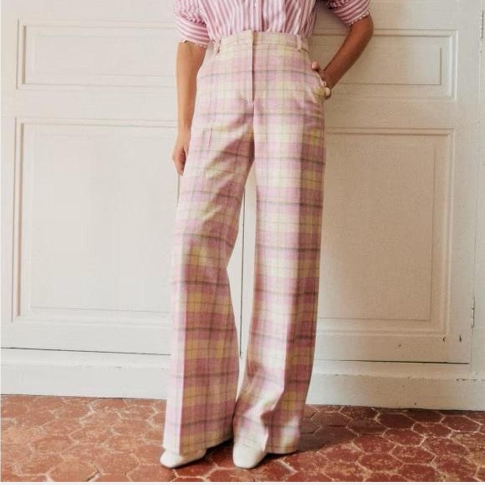 NWT sezane mattheo trousers in pastel pink plaid tartan